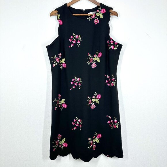 Jones Studio Size 16 Black Boatneck Dress Pink Embroidered Floral Scalloped Hem - Picture 1 of 11
